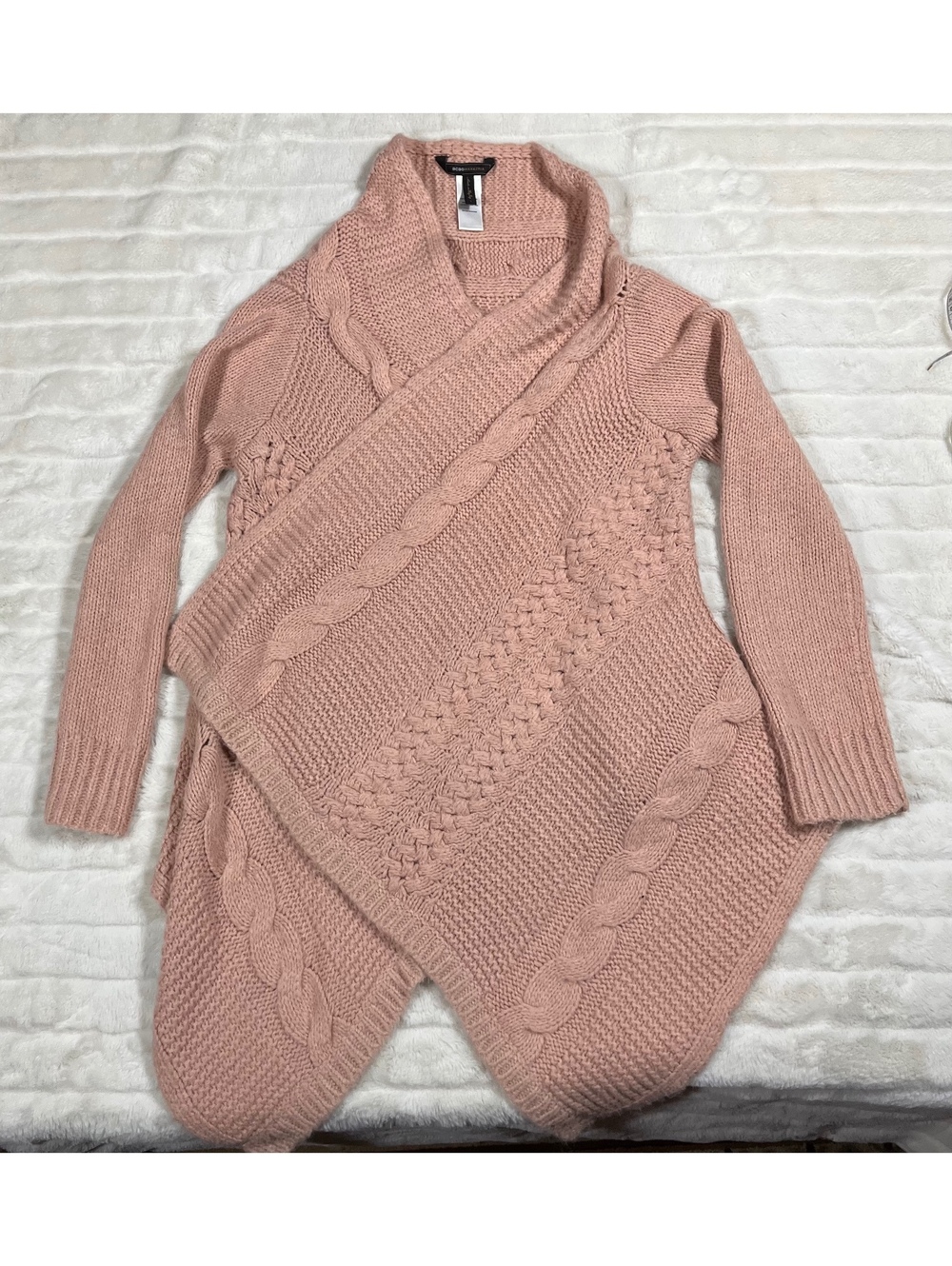 BCBGMAXAZRIA L Peach Pink Button Wrap Shawl Cable Preppy Fall Work Cardigan